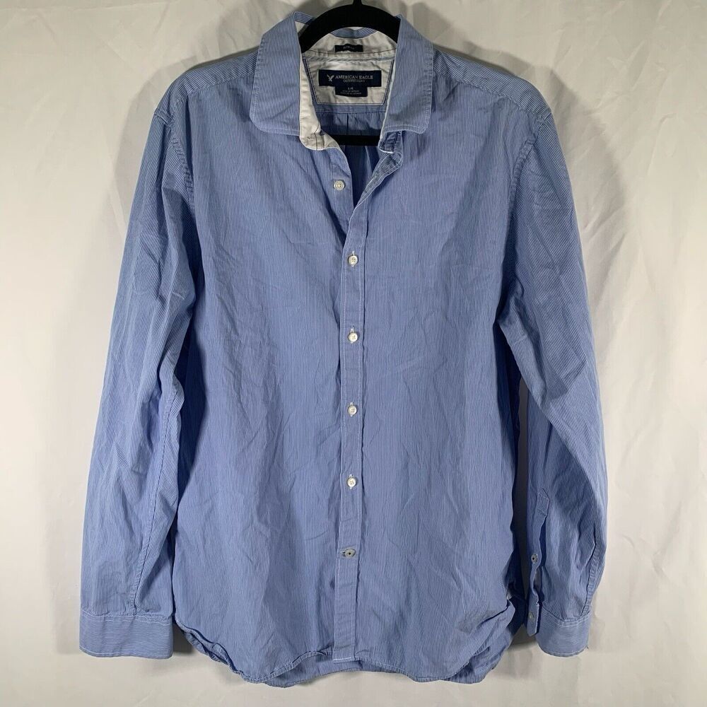 American Eagle Dress Shirt Mens Large Blue Striped Butto Up Long Sleeve